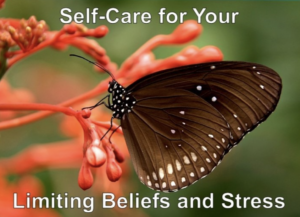 Photo of butterfly with the words "Self-Care for Your Limiting Beliefs and Stress"