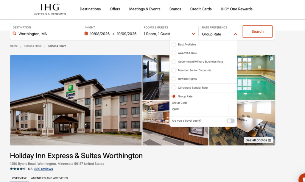 Screen shot of Holiday Inn booking example