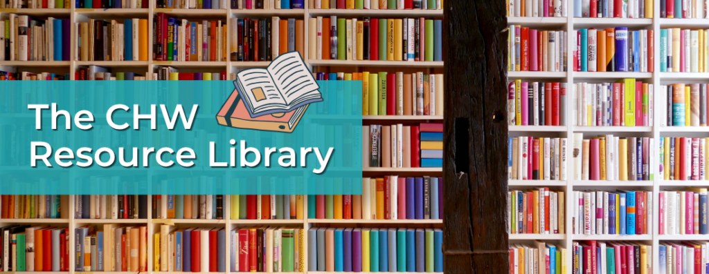 Resource Library banner graphic with library shelf of books background