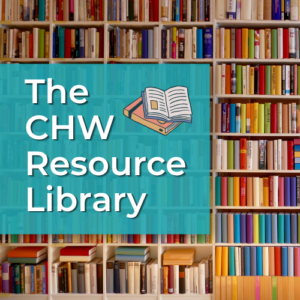 CHW Resource Library feat image with library book shelving background